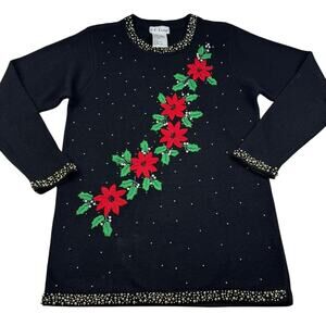 V.P. Design Vintage Embroidered Poinsettia Gold Embellished Sweater Women's S